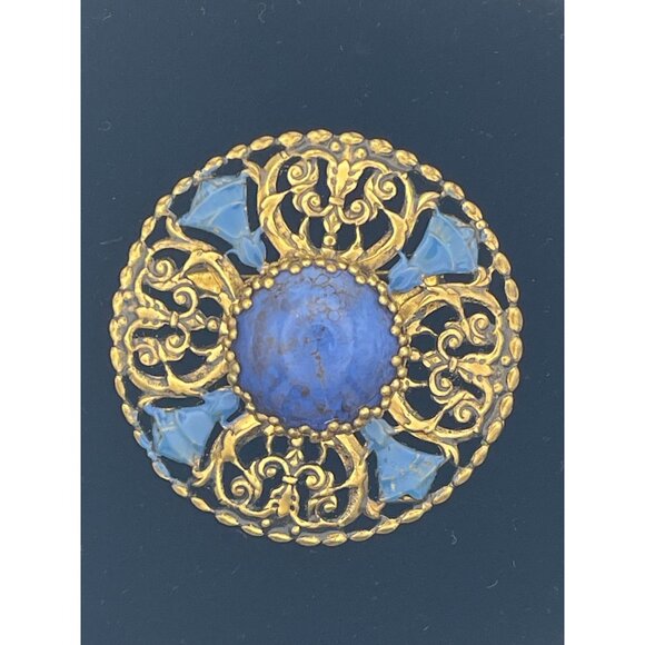 Vintage Brooch Oxidized Gold Tone Blue Accents Blue Stone W Germany - Picture 1 of 11